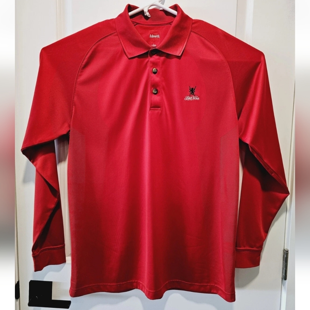 Ashworth Mens Large Long Sleeve Golf Shirt Polo Red Lake Nona Golf Orlando